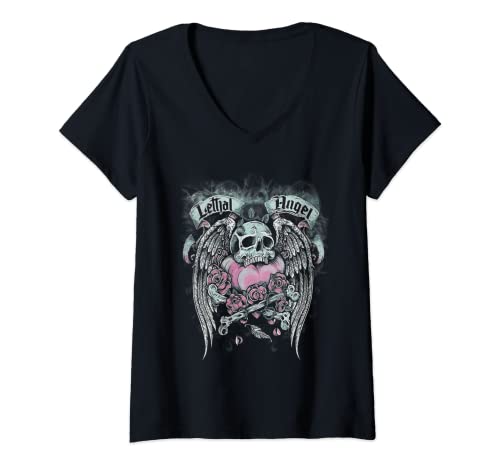 Damen Lethal Skull Angel Skelett Knochen Herz Blumen T-Shirt mit V-Ausschnitt Damen Lethal Skull Angel Skelett Knochen Herz Blumen T-Shirt mit V-Ausschnitt von Lethal Skull Angel Skeleton Bone Heart Flowers