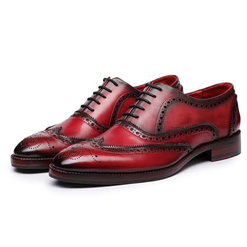 Lethato Wingtip Brogue Oxford Handgefertigte Herren-Schnürschuhe aus echtem Leder, Rot (weinrot), 41 von Lethato