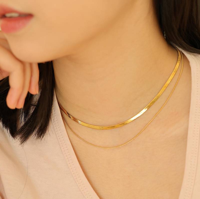 18K Gold Double Layer Schlangenkette Halskette Minimalist Fischgrät von LetianStudio