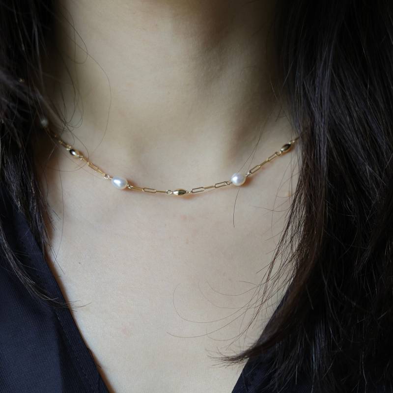 Handgemachte Perlen Halskette Mit Goldenen Perlen|Echte Reis Perlen|Gold Glieder Halskette|Brautjungferschmuck|Geschenk Für Sie von LetianStudio