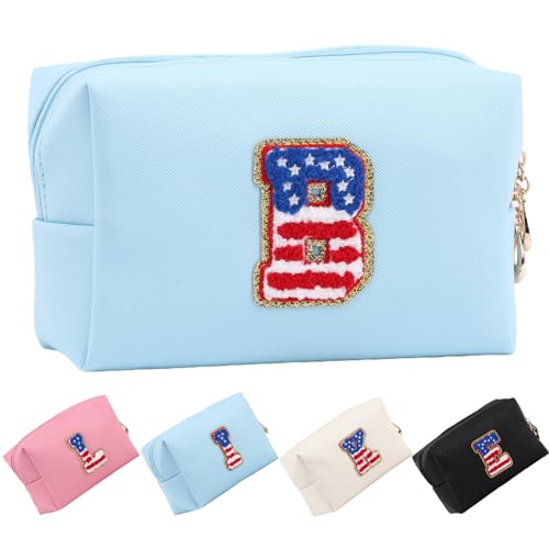 Letoileite Reise-Kulturbeutel für Damen, personalisierbar, Chenille-Buchstabe, wasserdicht, mit Reißverschluss, Kosmetiktasche, Make-up, Reise-Organizer, Reisezubehör, Azur-Flagge, B von Letoileite