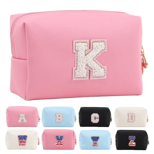 Letoileite Reise-Kulturbeutel für Damen, personalisierbar, Chenille-Buchstabe, wasserdicht, mit Reißverschluss, Kosmetiktasche, Make-up, Reise-Organizer, Reisezubehör, Pink-Pink, K von Letoileite