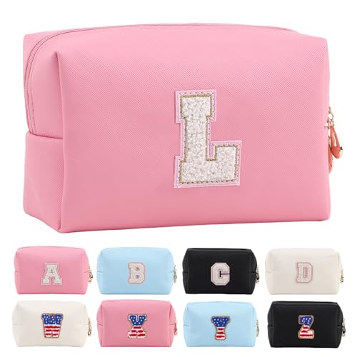 Letoileite Reise-Kulturbeutel für Damen, personalisierbar, Chenille-Buchstabe, wasserdicht, mit Reißverschluss, Kosmetiktasche, Make-up, Reise-Organizer, Reisezubehör, Pink-Pink, L von Letoileite