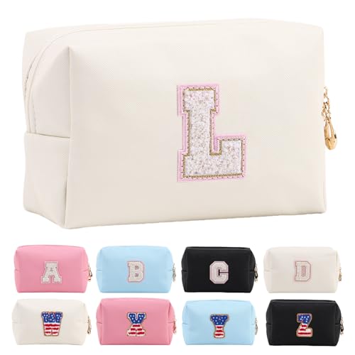 Letoileite Reise-Kulturbeutel für Damen, personalisierbar, Chenille-Buchstabe, wasserdicht, mit Reißverschluss, Kosmetiktasche, Make-up, Reise-Organizer, Reisezubehör, beige-pink, L von Letoileite