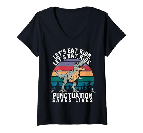 Damen Lets Eat Kids Satzzeichen rettet Leben T-Shirt Grammatik Dino T-Shirt mit V-Ausschnitt von Lets Eat Kids T Shirts Dinosaur Punctuation Humour