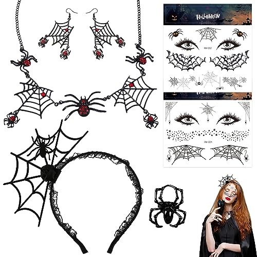 Lets Joy 1 Karneval Stirnband, 1 Halskette Spinne, 2 Halloween Spinne Tattoos, 1 Ring Spinne, 1 Paar Spinne Ohrringe, Halloween Fledermaus Spinne Kostümaccessoires, Halloween Karneval Kostüm Party von Lets Joy