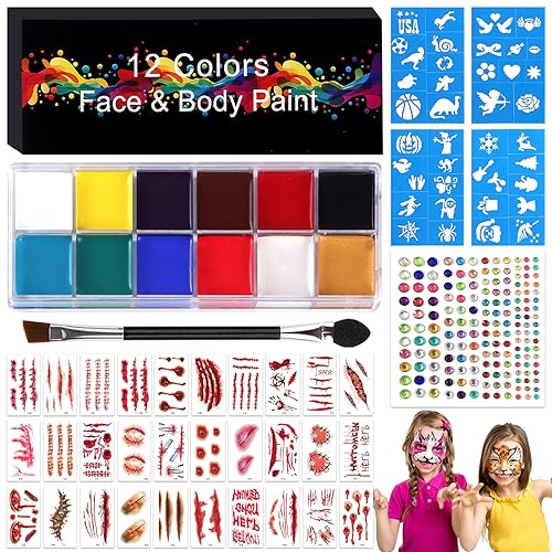 Lets Joy Halloween Kinderschminke Set, Halloween Schminke Set, 12 Farben Schminkpalette, 4 Tattoo-Vorlagen, 30 Temporäre Halloween Tattoos,1 Edelsteine Aufkleber und 1 Pinsel, Face Paint Karneval von Lets Joy