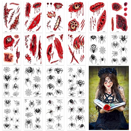 Lets Joy Halloween Temporäre Tattoo Aufkleber, 10 Blatt Spinnen Temporäre Tattoos, 10 Blatt Halloween Scars Tattoos, Halloween Narben Tattoo,Schwarz Spinnen Tattoos,Halloween Kostüm Makeup Gruselparty von Lets Joy