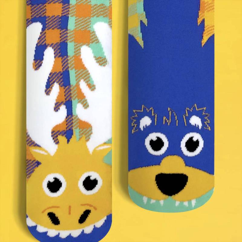 Kinder Elch & Bär Mismatching Silly Crazy Mismatched Rutschfeste Socken von LetsBePalsSocks