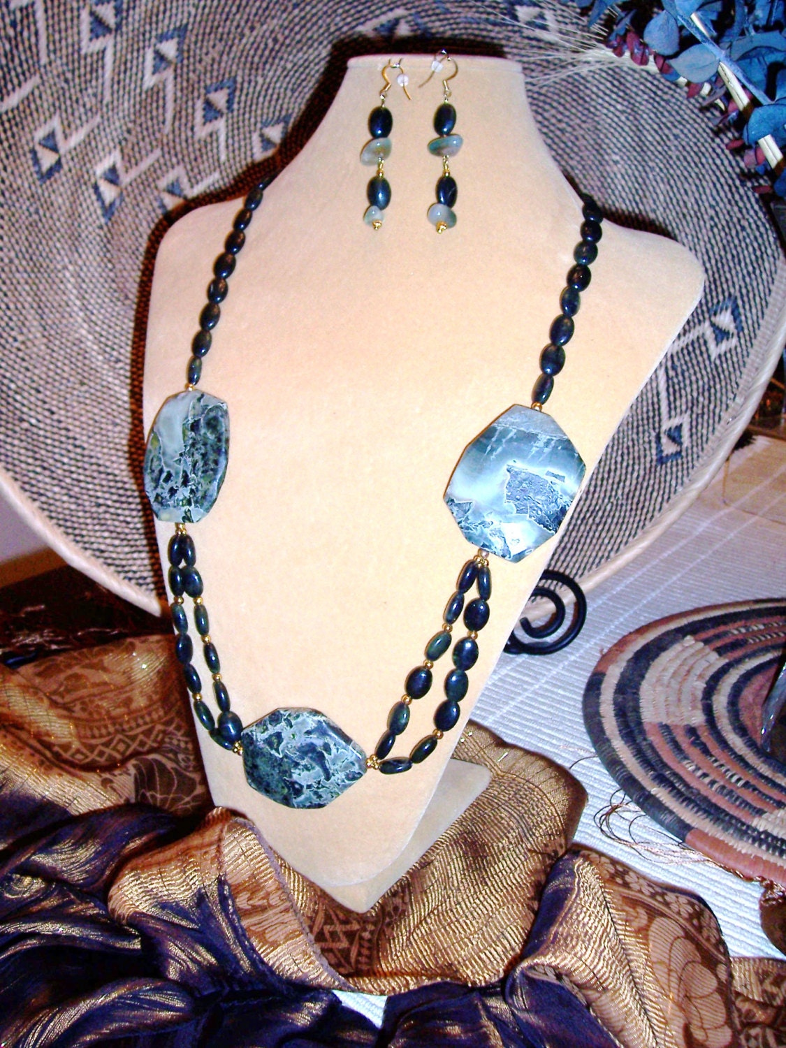 Green Kamababa Jasper, Moos Achat & 14K Gold Bead-Kette/Ohrring Set Green Kamababa Jasper, Moos Achat & 14K Gold Bead-Kette/Ohrring Set von LetsGetStonedJewelry