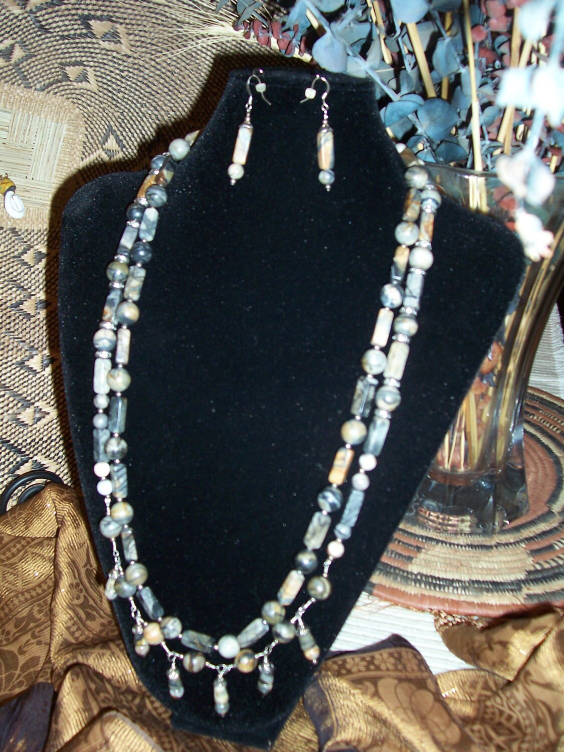 Picasso Jaspis Halskette Grau/Ohrring Set Picasso Jaspis Halskette Grau/Ohrring Set von LetsGetStonedJewelry