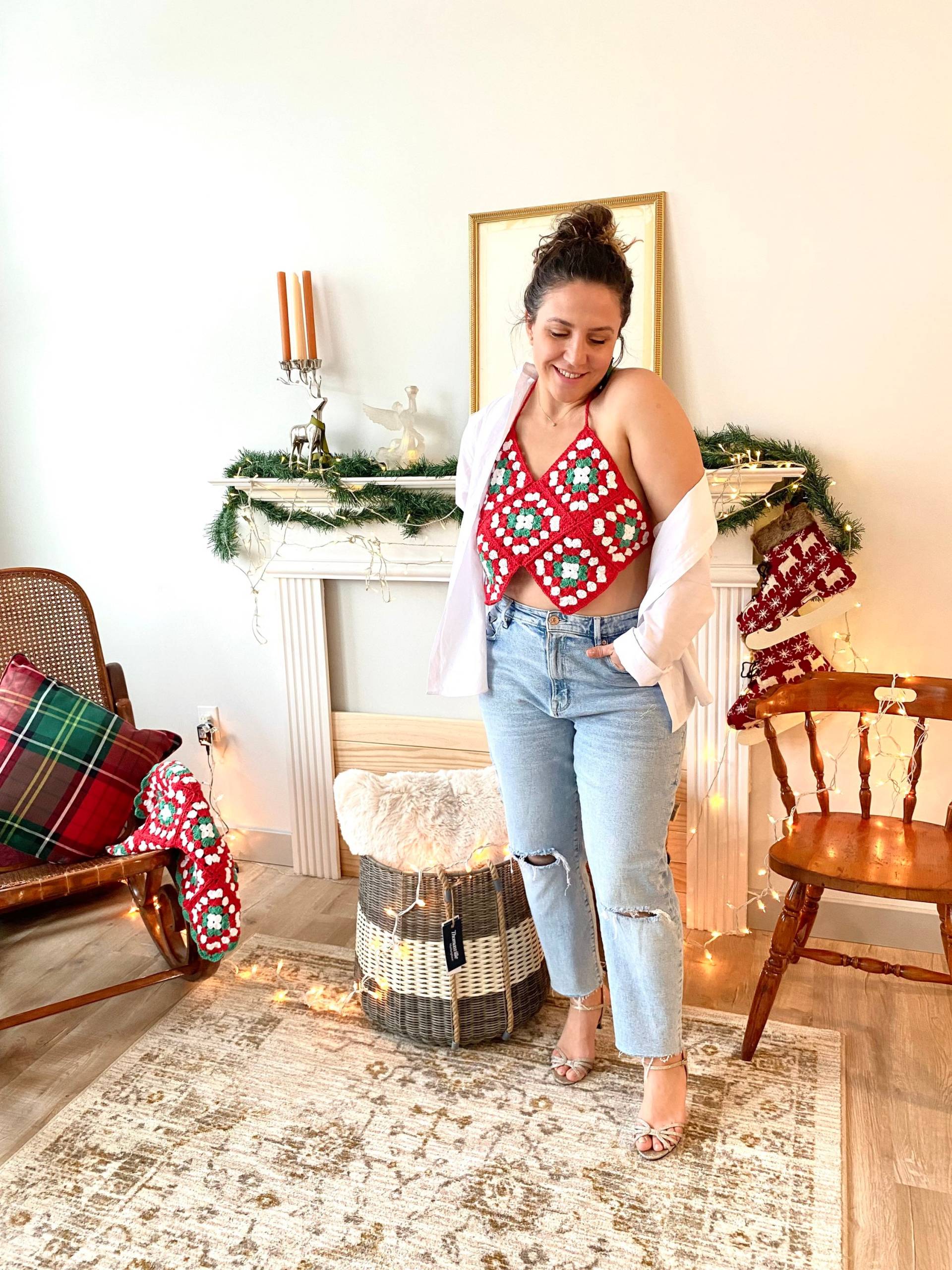 Weihnachten Crop Top, Handgestrickt Tank Top Mit V-Ausschnitt, Rote Oma Quadrat Häkeln Bralette, Festliches Neckholder Geschenke Für Frau, Urlaub von Letsluv