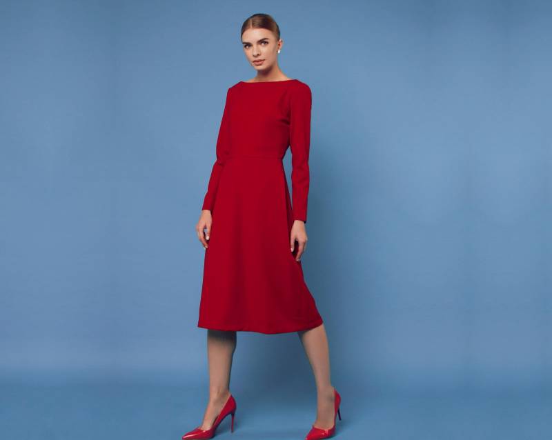 Rote Wolle A-Linie Kleid, Bürokleid, Fit Und Flare Winterkleid, Warmes Midikleid, Elegantes Abschlussballkleid, Ballkleid, Boho von LetterKdresses