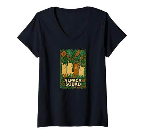 Damen Alpaca Squad Boho Botanische Geometrische Tierkunst T-Shirt mit V-Ausschnitt von LetterTrunk