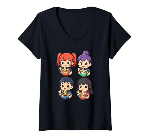 Damen Anime-Kunst „Mädchen mit Instant-Nudelbechern, schlürfende Freunde“ T-Shirt mit V-Ausschnitt von LetterTrunk