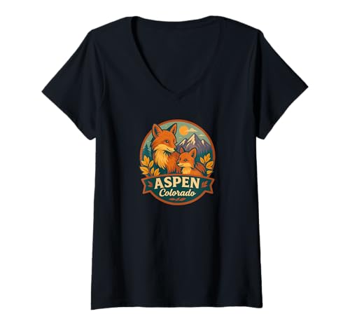 Damen Aspen Colorado Rotfuchsmutter, Motiv: T-Shirt mit V-Ausschnitt von LetterTrunk