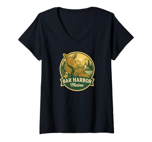 Damen Bar Harbor Maine Elch Mutter und Kalb Abzeichen Design T-Shirt mit V-Ausschnitt von LetterTrunk