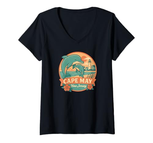 Damen Cape May New Jersey Delfin Mutter und Kalb Design T-Shirt mit V-Ausschnitt von LetterTrunk