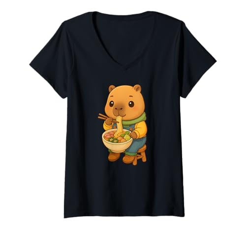 Damen Capybara Genießt Pho Nudeln in Overalls Niedliche Nudelkunst T-Shirt mit V-Ausschnitt von LetterTrunk