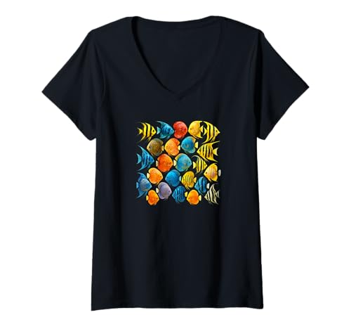 Damen Diskus Angelfish Collage Tropical Aquariumcore Art Design T-Shirt mit V-Ausschnitt von LetterTrunk