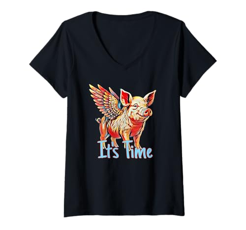 Damen Flying Pig It's Time Illustration Funny Colorful Winged Art T-Shirt mit V-Ausschnitt von LetterTrunk