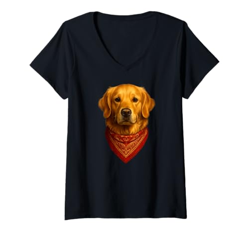 Damen Golden Retriever Portrait mit rotem Bandana T-Shirt mit V-Ausschnitt Damen Golden Retriever Portrait mit rotem Bandana T-Shirt mit V-Ausschnitt von LetterTrunk
