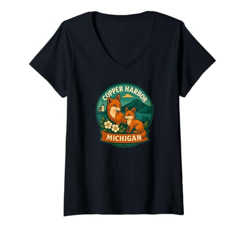 Damen Hafen Michigan Red Fox Mom and Kit Badge T-Shirt mit V-Ausschnitt von LetterTrunk