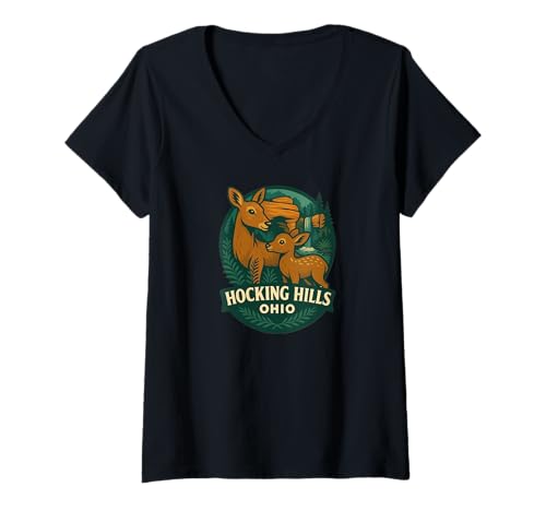 Damen Hocking Hills Ohio Doe und Rehkitz Abzeichen Design T-Shirt mit V-Ausschnitt von LetterTrunk