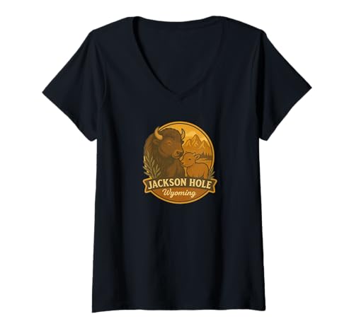 Damen Jackson Hole WY Bison Kuh und Kalb Tetons State Badge Design T-Shirt mit V-Ausschnitt von LetterTrunk