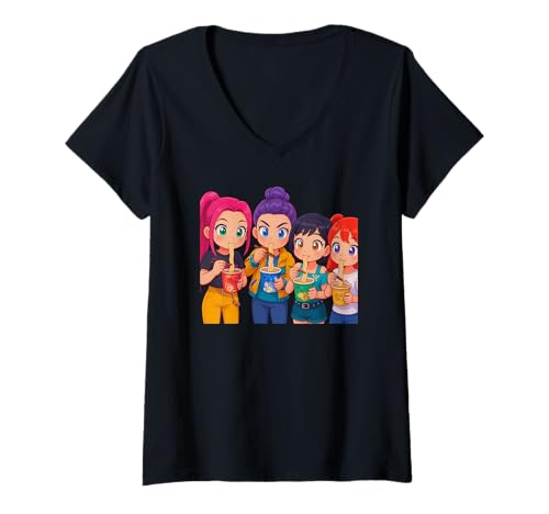 Damen Kawaii Ramen Squad Chibi-Figuren, Nudelliebhaber-Design T-Shirt mit V-Ausschnitt von LetterTrunk