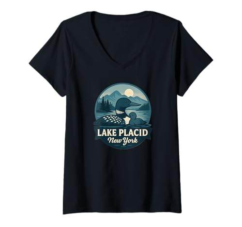 Damen Lake Placid New York Loon Mutter und Küken Design T-Shirt mit V-Ausschnitt von LetterTrunk