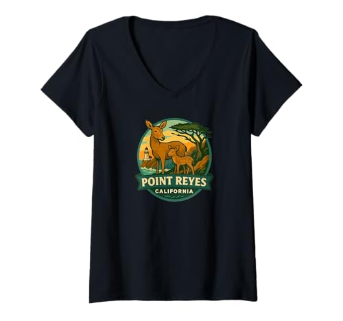 Damen Leuchtturm-Abzeichen der Familie Point Reyes California Doe and Fawn T-Shirt mit V-Ausschnitt von LetterTrunk