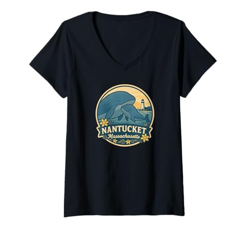 Damen Nantucket MA Leuchtturm Blauwal Mutter und Kalb T-Shirt mit V-Ausschnitt von LetterTrunk