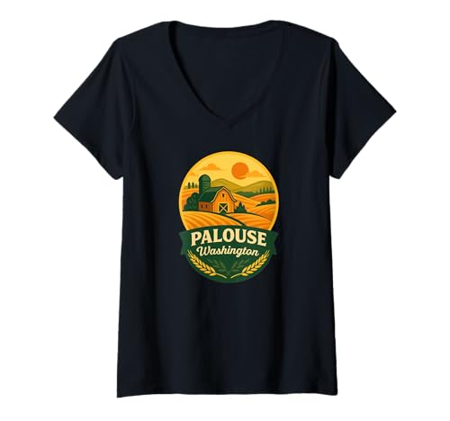 Damen Palouse Washington Scheune und Weizen Abzeichen T-Shirt mit V-Ausschnitt von LetterTrunk