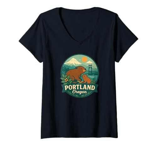 Damen Portland Oregon Biber Mom and Kit Badge Design T-Shirt mit V-Ausschnitt von LetterTrunk