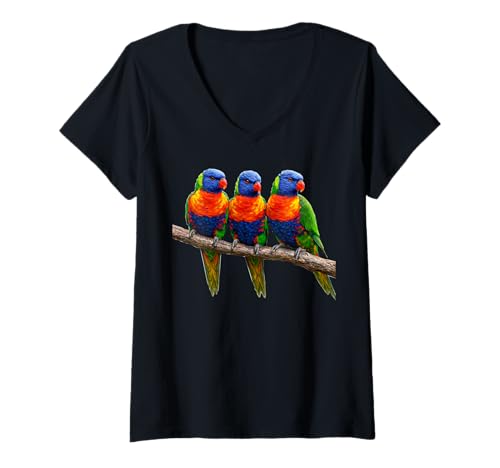 Damen Regenbogen-Lorikeet-AST Papageien Vogelkunst australisches Design T-Shirt mit V-Ausschnitt von LetterTrunk