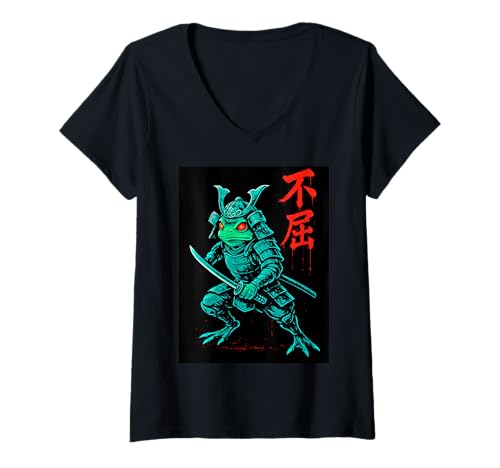Damen Samurai Frosch Krieger mit Katana Schwert Japanische Pinselkunst T-Shirt mit V-Ausschnitt von LetterTrunk