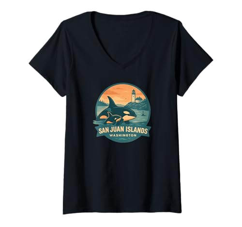 Damen San Juan Islands Washington Orca Mutter und Kalb Abzeichen T-Shirt mit V-Ausschnitt von LetterTrunk