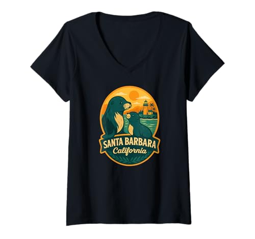 Damen Santa Barbara California Seelöwe, Mutter und Welpe Design T-Shirt mit V-Ausschnitt von LetterTrunk