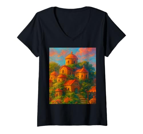 Damen Skurriles Hilltop Village Gemälde lebendige Dachkunst T-Shirt mit V-Ausschnitt von LetterTrunk