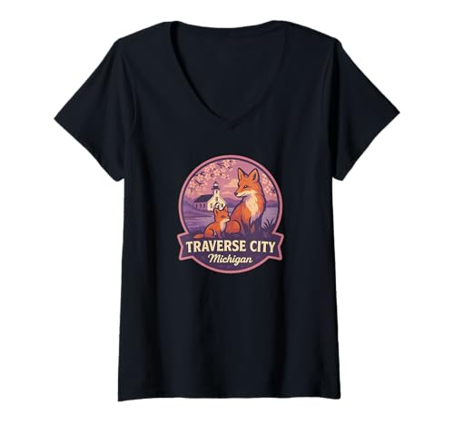 Damen Traverse City Michigan Red Fox Mom Kit Leuchtturm T-Shirt mit V-Ausschnitt von LetterTrunk