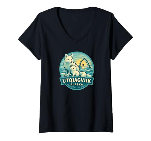 Damen Utqiagvik Alaska Arctic Fox Mama und Welpe Eisbogen Design T-Shirt mit V-Ausschnitt von LetterTrunk