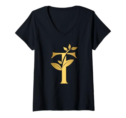 Damen Buchstabe T Alphabet Floral Flowers Aesthetic T-Shirt mit V-Ausschnitt von Letters on Shirts