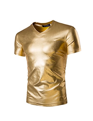 Letuwj Herren Faux Leder Optik Metallic Glanz T-Shirt Slim Fit Gold XXL von Letuwj