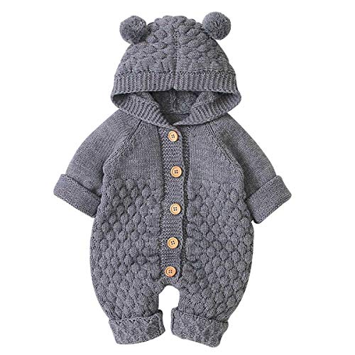 Letuwj Neugeborenes Baby Jungen Mädchen Kapuzenpullover Strick-Strampler Einteiler Warm Pullover Overall Outfits Gr. 0-3 Monate, Grau 1 von Letuwj