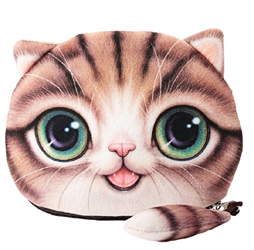 Flauschiger Geldbeutel Münzbörse Make-up- und Kosmetiktasche für Junge Frauen und Mädchen Süßes Katzenmotiv Animal Print Katzenohren und Schwänzchen Reißverschluss (Braun) von Leuchtbox