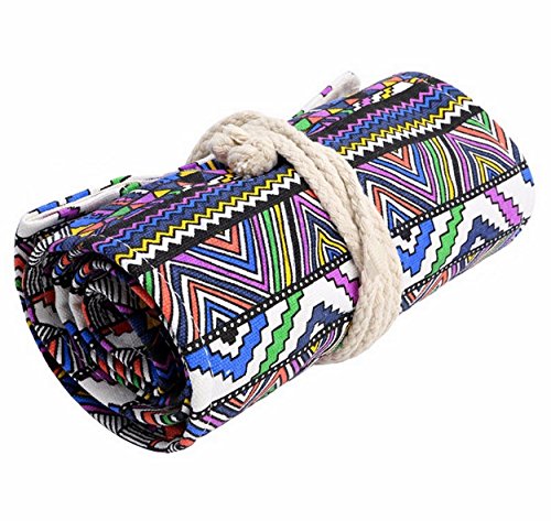 Leuchtbox Bunte Ethno Stifterolle Schreibmappe Rollmäppchen Griffelmappe Stiftköcher Künstleretui aus Canvas-Leinenstoff für Stifte Pinsel Make-Up Schreibzeug und Co (48 Ösen) von Leuchtbox