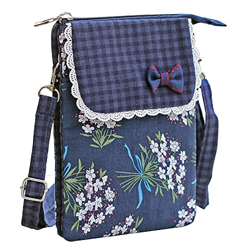 Leuchtbox Handytasche Kleine Schultertasche Crossbody Umhängetasche für Damen Mädchen Baumwolle 4 Innentaschen Süßer Blumen-Print mit Schleifchen und Spitze (Blau) von Leuchtbox