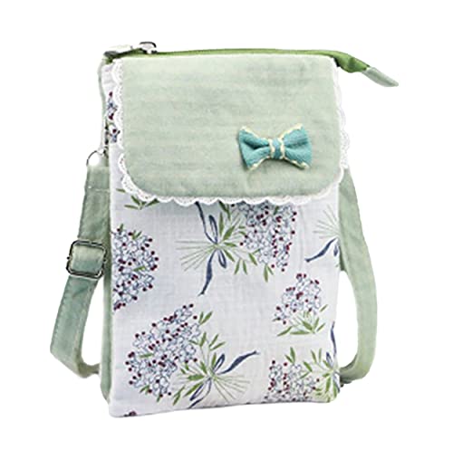 Leuchtbox Handytasche Kleine Schultertasche Crossbody Umhängetasche für Damen Mädchen Baumwolle 4 Innentaschen Süßer Blumen-Print mit Schleifchen und Spitze (Minzgrün) von Leuchtbox