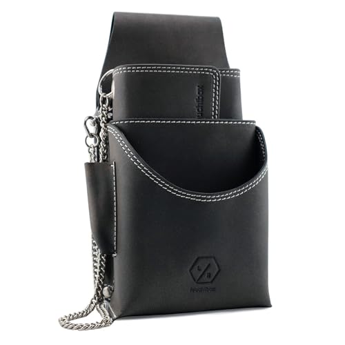 LEUCHTBOX Profi-Kellner-Set Kellnergeldbörse mit Holster-Tasche Kellner-Portemonnaie mit Gürtel-Halfter und Metall-Kette Doppelte Nähte Echtleder (Anthrazit) von Leuchtbox